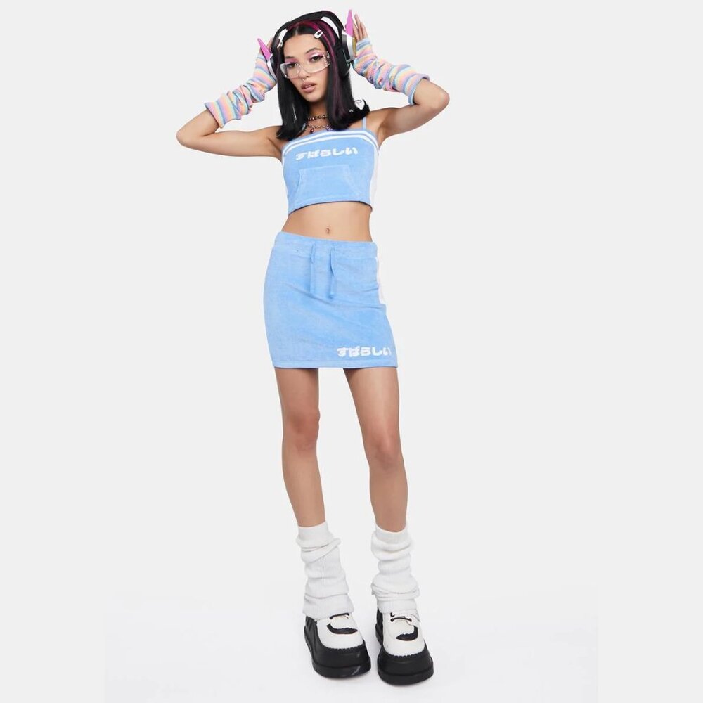 NEW NGOrder Terry Embroidered Mini Skirt Blue Subarashii すばらしい Size US M/UK 10 - Picture 11 of 14
